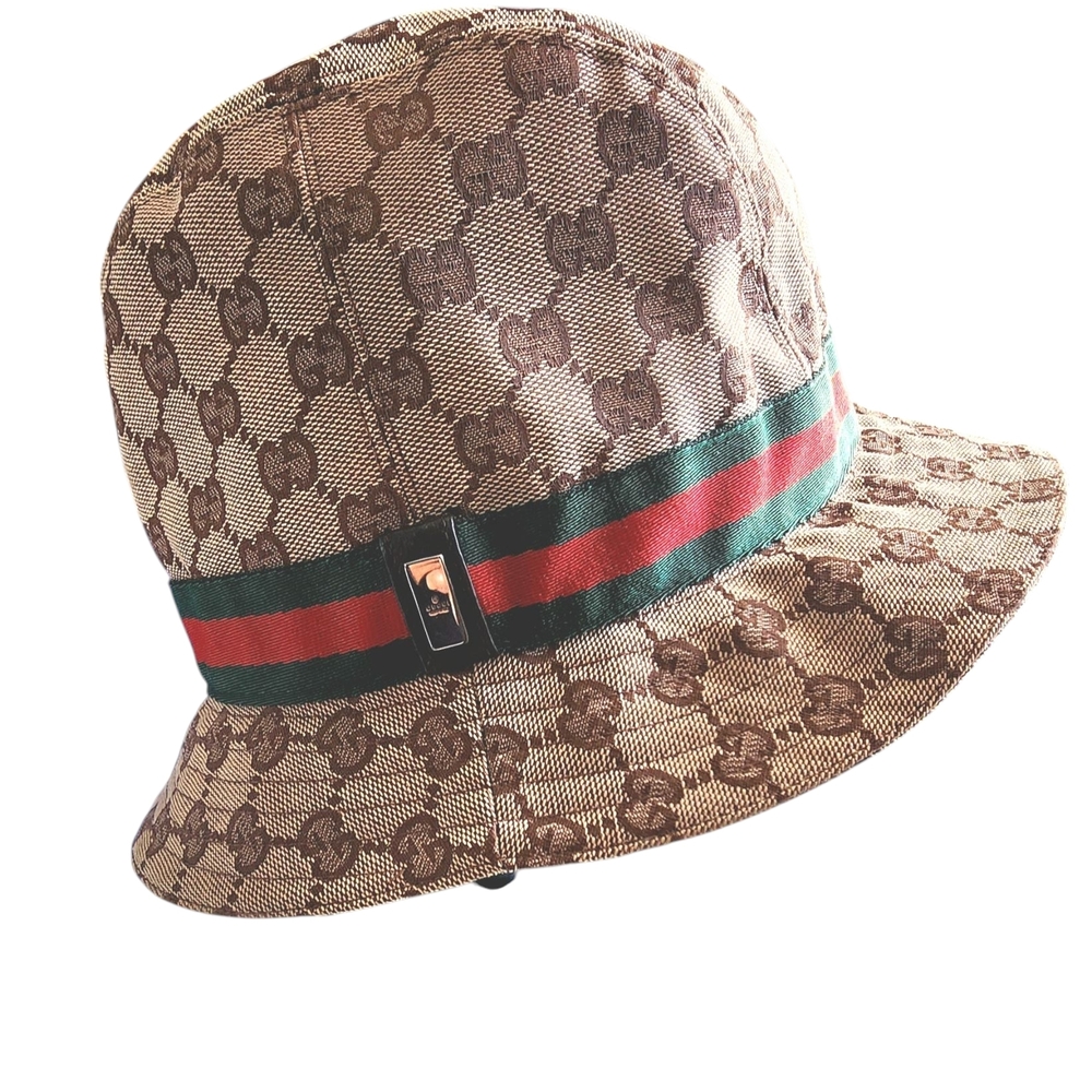 Gucci Beige Monogram Hat with Signature Stripe